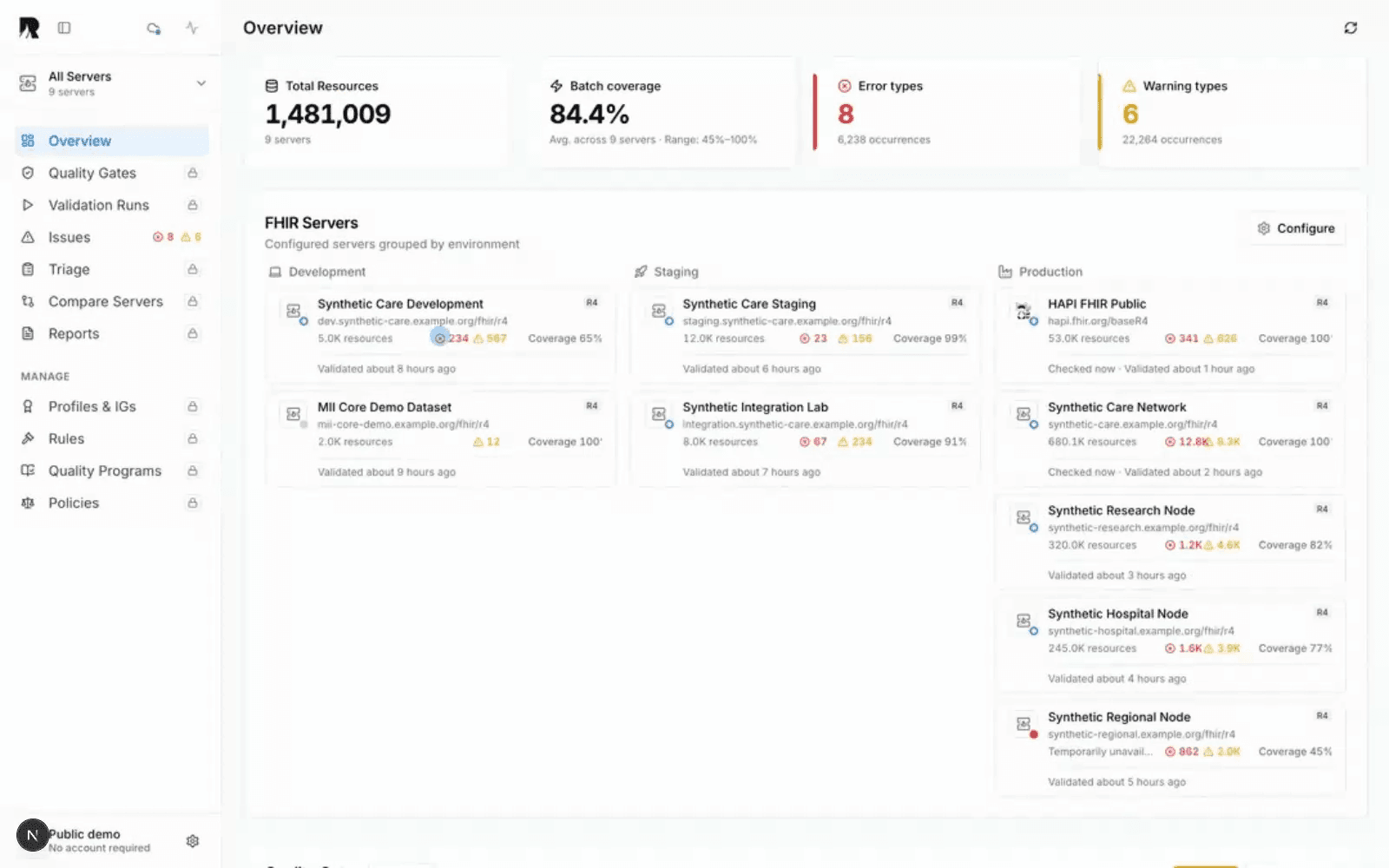 Records public demo flow from all available FHIR servers through a synthetic server overview and Patient list to the profiled Patient detail.